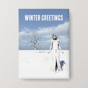 Winter Greetings. Female elf walking in the snow 
