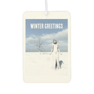 Winter Greetings. Female elf walking in the snow  Car Air Freshener