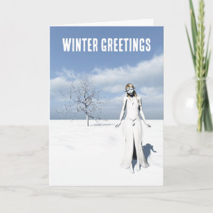 Winter Greetings. Female elf walking in the snow Card