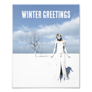 Winter Greetings. Female elf walking in the snow Photo Print