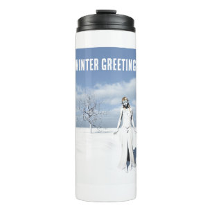 Winter Greetings. Female elf walking in the snow Thermal Tumbler