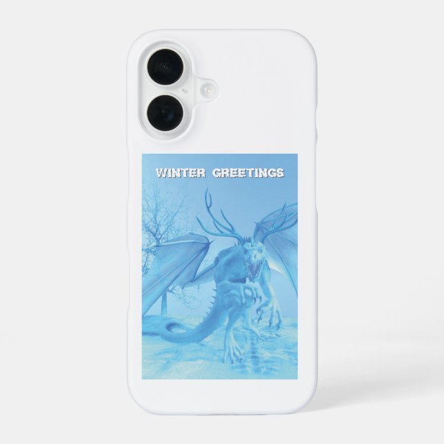 Winter Greetings. Ice dragon with antlers iPhone 16 Case (Back)