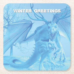 Winter Greetings. Ice dragon with antlers Square Paper Coaster