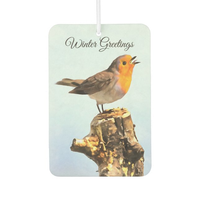 Winter Greetings. Robin singing  Car Air Freshener (Front)