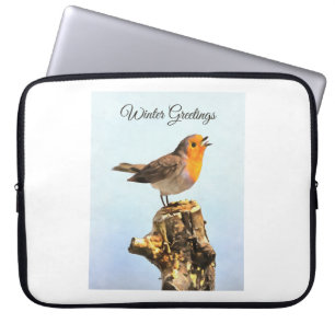 Winter Greetings. Robin singing Laptop Sleeve