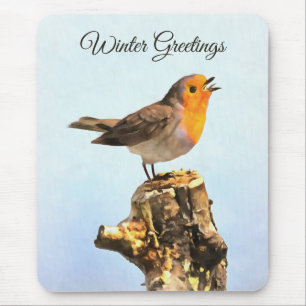 Winter Greetings. Robin singing  Mouse Pad