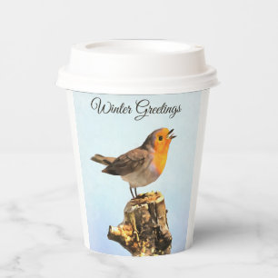 Winter Greetings. Robin singing Paper Cups