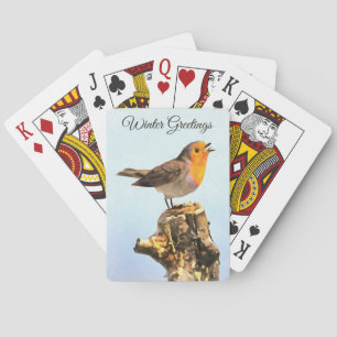 Winter Greetings. Robin singing Playing Cards