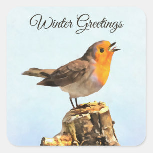 Winter Greetings. Robin singing Square Sticker