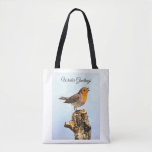 Winter Greetings. Robin singing Tote Bag