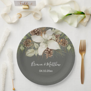 Winter Grey Elegant Script Wedding Paper Plate