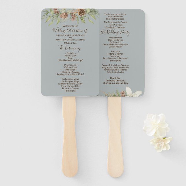 Winter Grey Elegant Script Wedding Program Hand Fan (Front and Back)