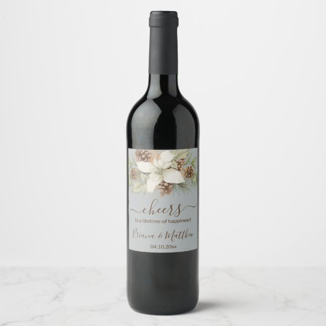 Winter Grey Elegant Script Wedding Wine Label (Front)