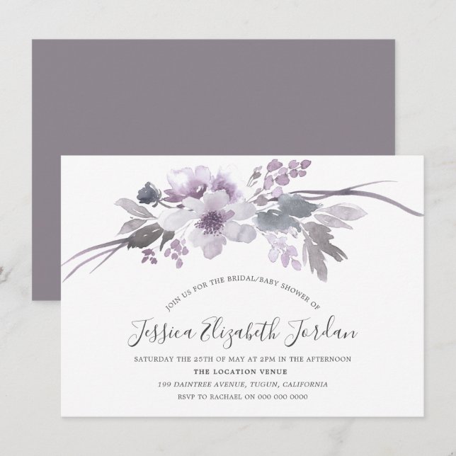 Winter Grey Floral Watercolor Bridal Baby Shower Invitation (Front/Back)