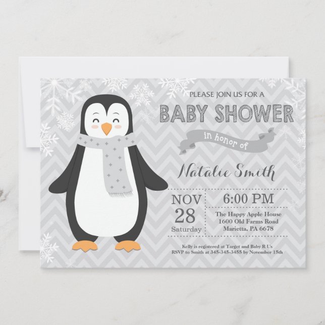 Winter Grey Penguin Baby Shower Invitation (Front)