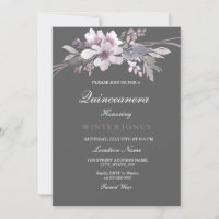 Winter Grey Purple Floral Quinceanera Invitation