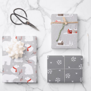 Winter Greys, Polar Bear, Snowflakes  Coordinated  Wrapping Paper Sheet
