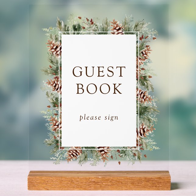 Winter Guest Book Acrylic Sign (Watercolor Pine Greenery Winter Guest Book Acrylic Sign by Painted Paperie)