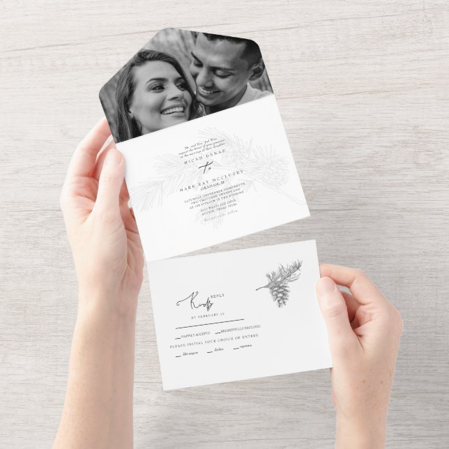 Winter Hand-Drawn Foliage Two Photo Wedding All In All In One Invitation (Tearaway)