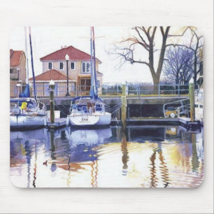 "Winter Harbour" Boats Watercolor Mouse Pad