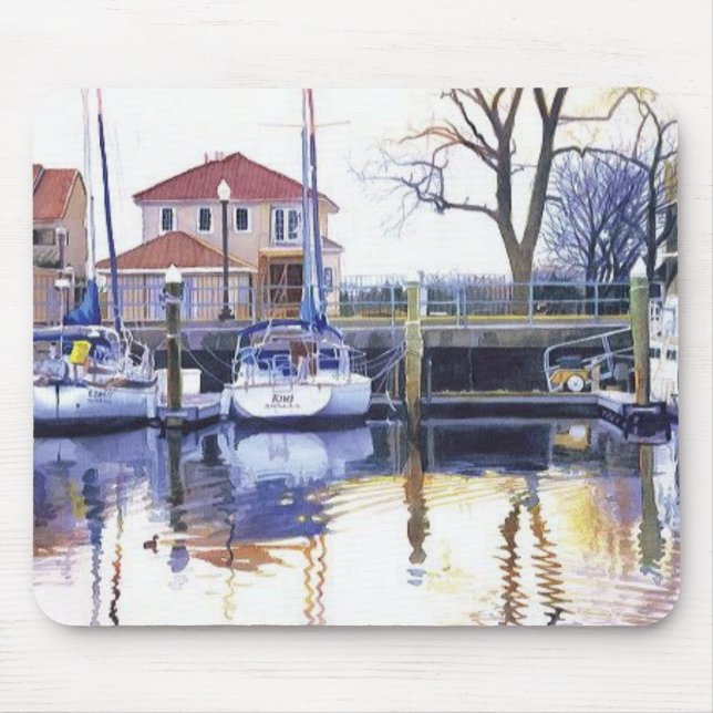 "Winter Harbour" Boats Watercolor Mouse Pad (Front)