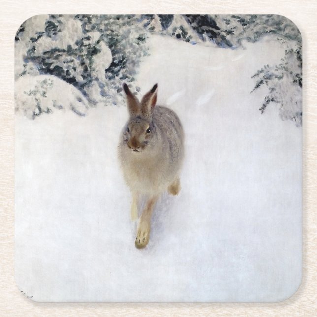 Winter Hare (Rabbit), Bruno Liljefors Square Paper Coaster (Front)