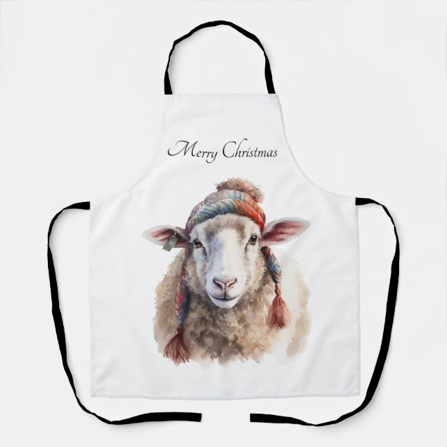 Winter Hat Christmas Sheep Custom Text Apron (Front)