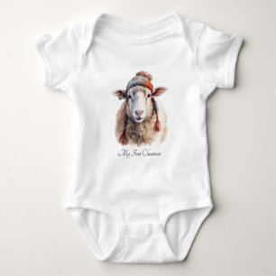 Winter Hat Christmas Sheep Custom Text Baby Bodysuit