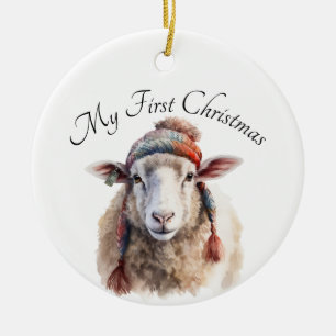 Winter Hat Christmas Sheep Custom Text Ceramic Tree Decoration
