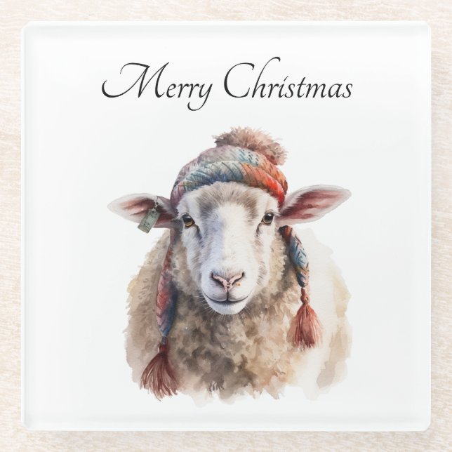 Winter Hat Christmas Sheep Custom Text Glass Coaster (Front)