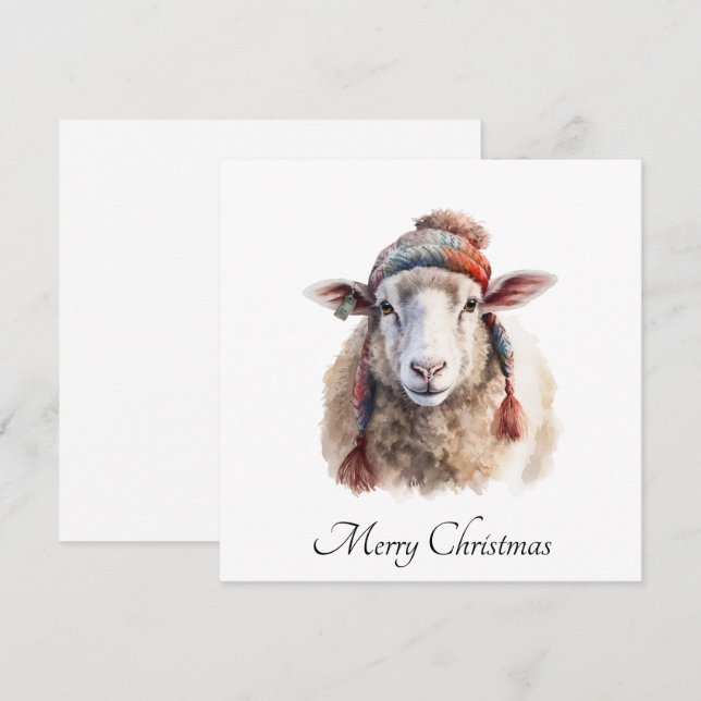 Winter Hat Christmas Sheep Custom Text Holiday Card (Front/Back)