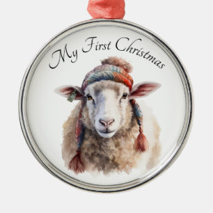 Winter Hat Christmas Sheep Custom Text Metal Tree Decoration