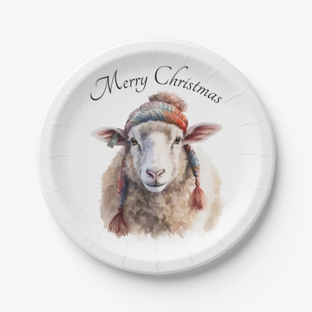 Winter Hat Christmas Sheep Custom Text Paper Plate (Front)
