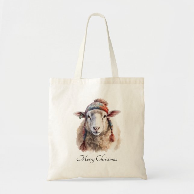 Winter Hat Christmas Sheep Custom Text Tote Bag (Front)