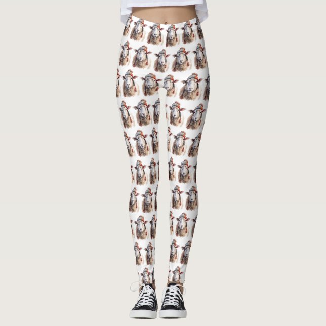 Winter Hat Christmas Sheep Repeating Pattern Leggings (Front)
