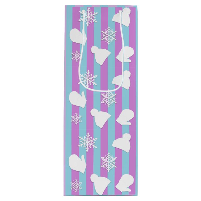 Winter Hats, Christmas Mittens, White Snowflakes Wine Gift Bag (Front)