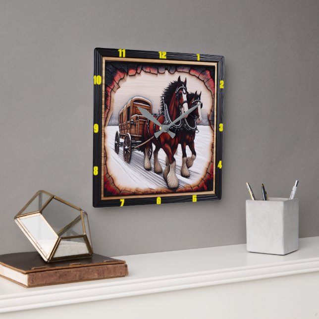 Winter Haul: Personalised Charred Wood Clydesdale Square Wall Clock (Office)