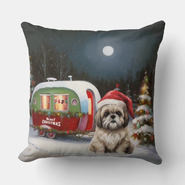 Winter Havanese Caravan Christmas Adventure Cushion (Front)