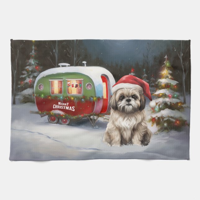 Winter Havanese Caravan Christmas Adventure Tea Towel (Horizontal)
