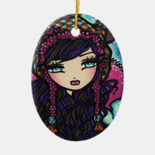 Winter Heart of Ice Snow Girl Art by Hannah Lynn Ceramic Tree Decoration