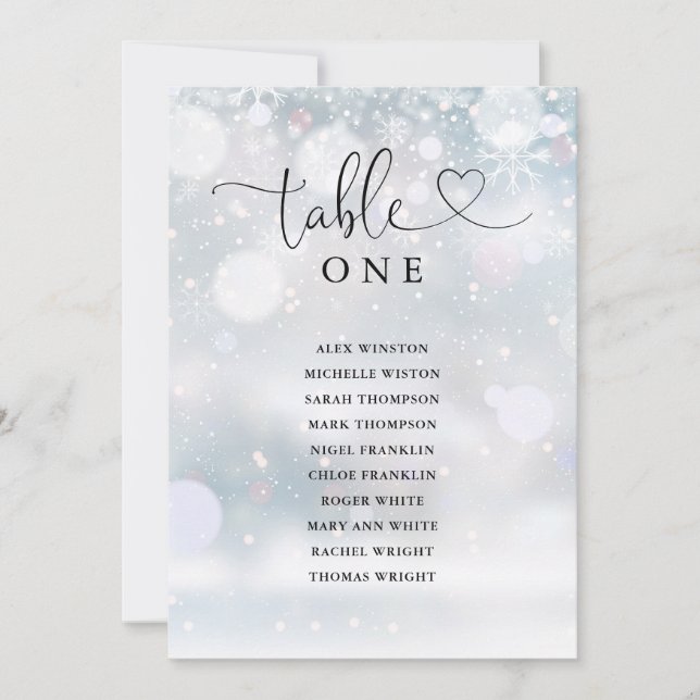 Winter Heart Script Table Number Seating Chart (Front)