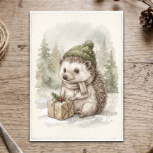 Winter Hedgehog Vintage Woodland Watercolor Forest