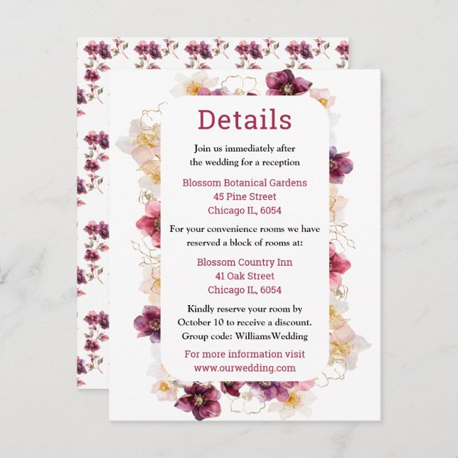 Winter Hellebore Floral Burgundy Wedding Details Enclosure Card (Front/Back)
