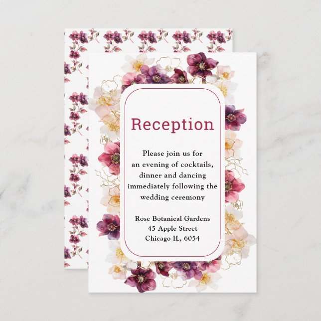 Winter Hellebore Floral Burgundy Wedding Reception Enclosure Card (Front/Back)