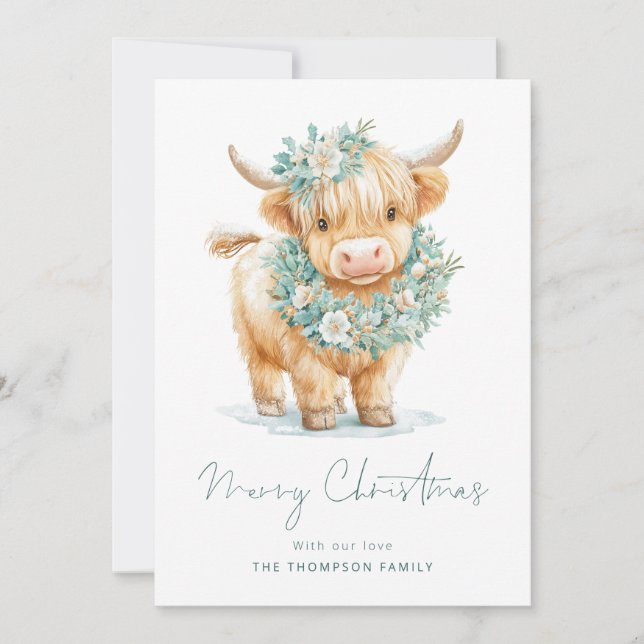 Winter Highland Cow 2026 Calendar Merry Christmas  Holiday Card (Front)