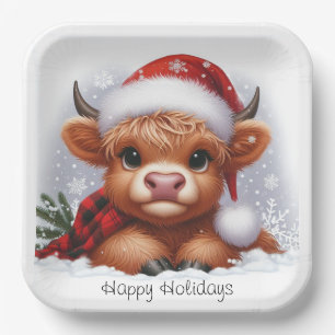 Winter Highland Cow Holiday Party Paper Plates 