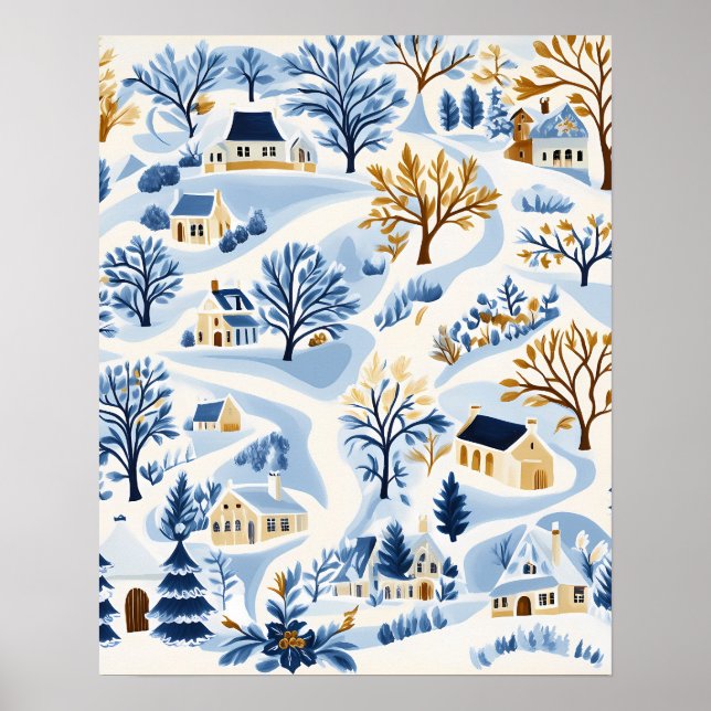 Winter Hillside Village with Cosy Cottages Poster (Front)