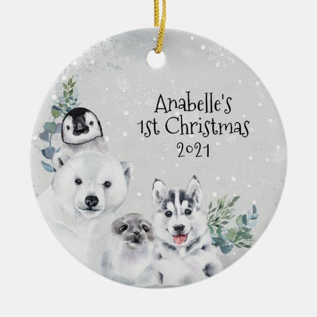 Winter Holiday Arctic Animal 1st Christmas  Ceramic Tree Decoration (Front)