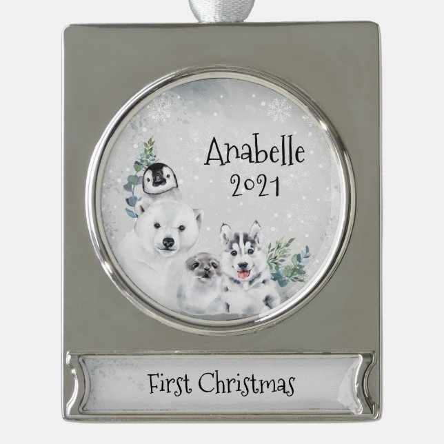 Winter Holiday Arctic Animal 1st Christmas  Silver Plated Banner Ornament (Front)
