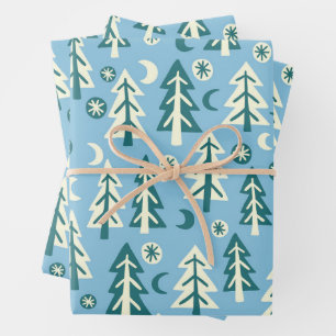 Winter Holiday Blue Green Trees Pattern Gift Wrapping Paper Sheet